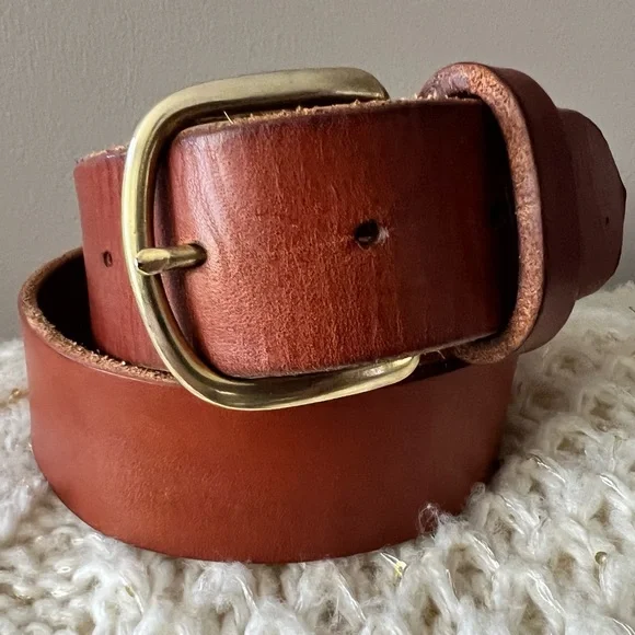 VINTAGE Premium COW HIDE Genuine Thick LEATHER Brass Buckle BELT S/M 26.5”-31.5” - Picture 1 of 12